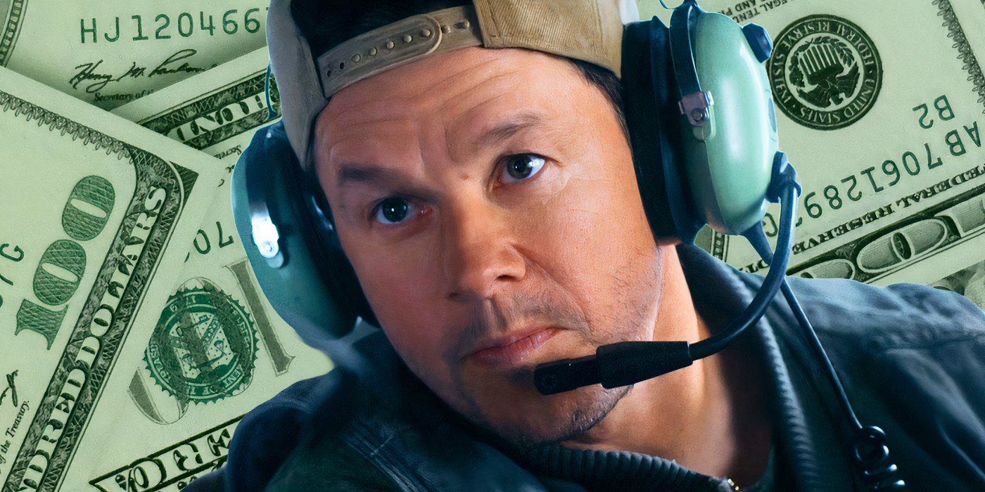 Mark Wahlberg dressed as a pilot in Flight Risk in front of money