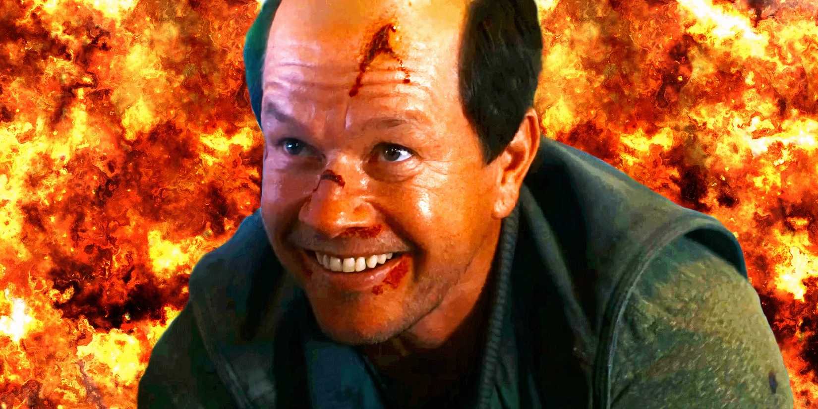 Mark Wahlberg in Flight Risk with an explosion behind him