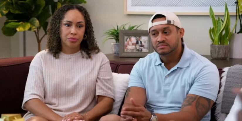 Married at First Sight season 18 Camille Parsons & Thomas McDonald sitting on a couch talking
