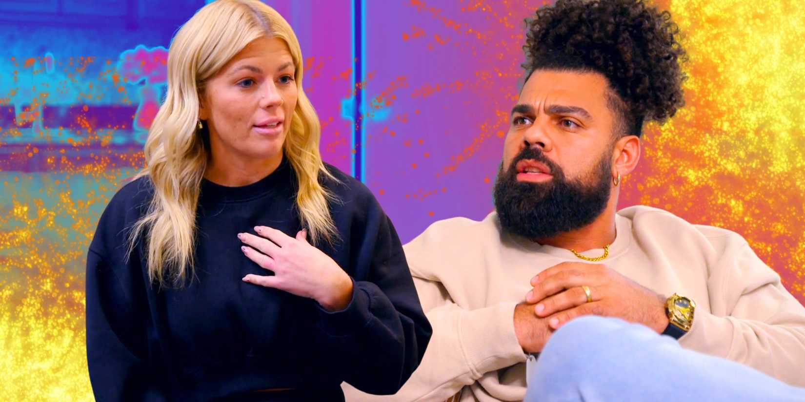 Married At First Sight's David Trimble & Michelle Tomblin look at each other in a serious manner.