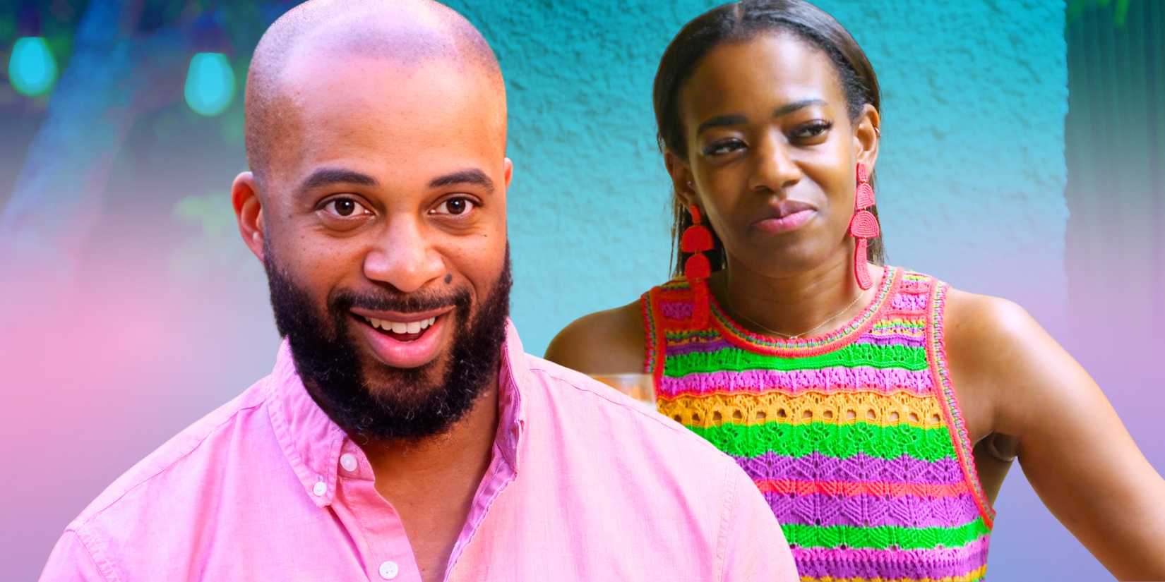 Married at First Sight Ikechi Ojore smiling next to an image of Emem Obot looking to the side 