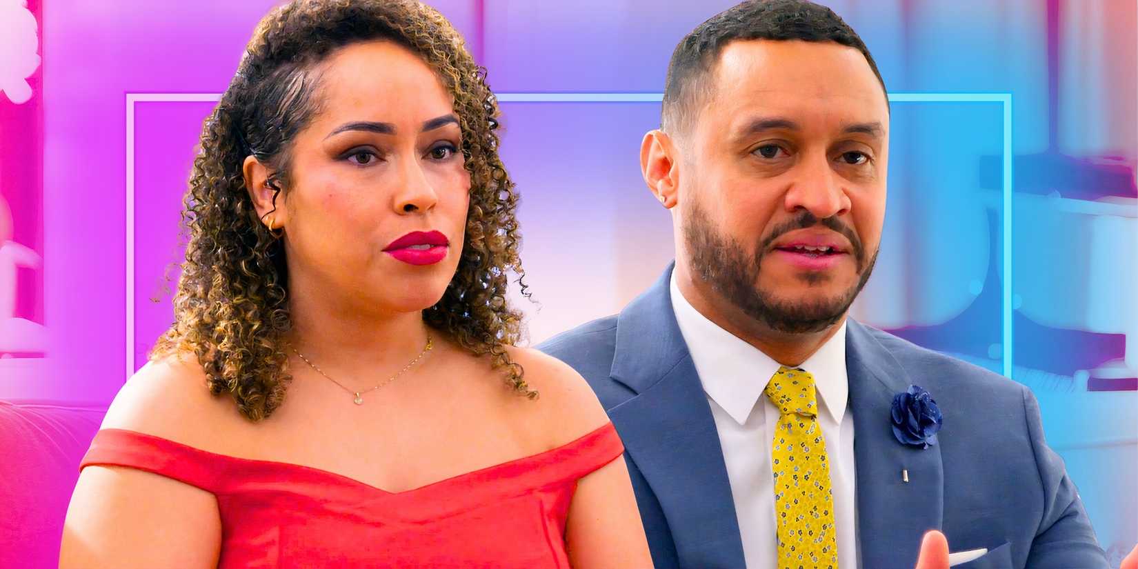 married at first sight stars camlle and thomas in serious montage with pink and blue background