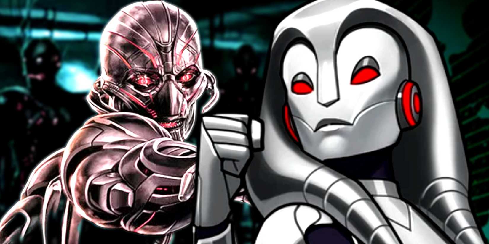 Marvel Comics' Jocasta faces the MCU's Ultron in front of Ultron Sentries