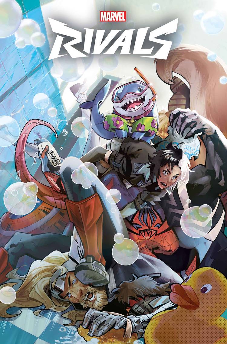 Marvel Rivals #1 variant cover, featuring Jeff the Land shark and other obscure Marvel heroes.