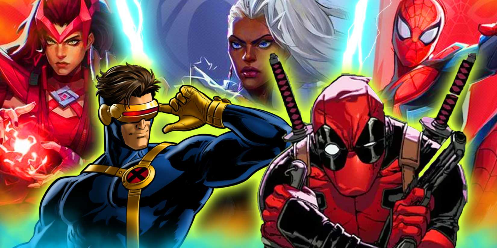 Marvel Rivals characters with comic art of Deadpool and Cyclops in front