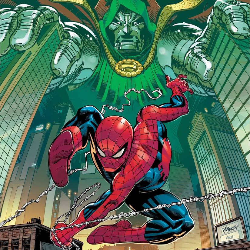 Spider-Man swinging through New York City with Doctor Doom looming over him.