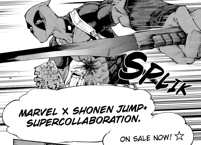 Deadpool holds a copy of My Hero Academia.