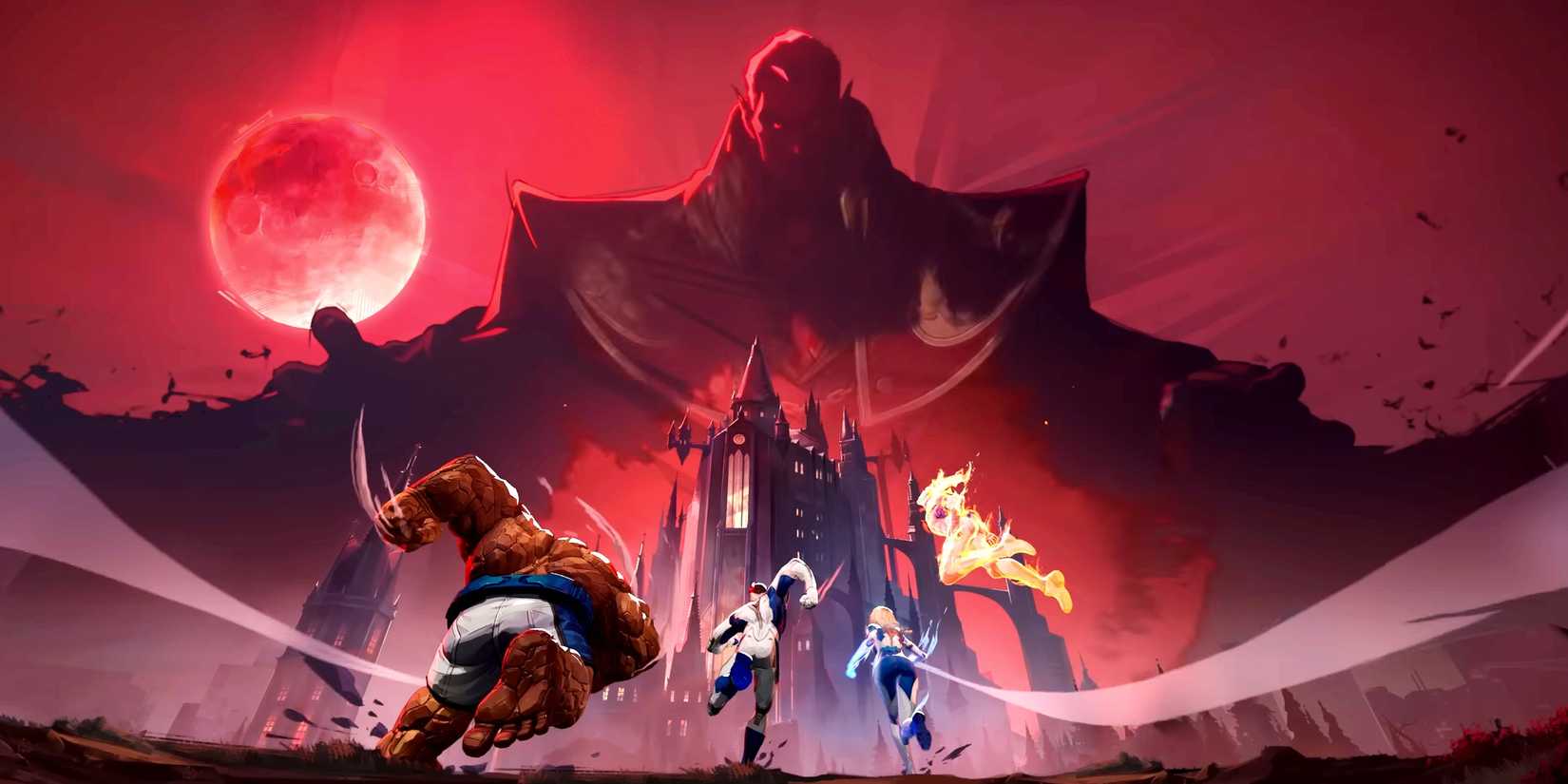Fantastic Four running towards Dracula's castle in Marvel Rivals.