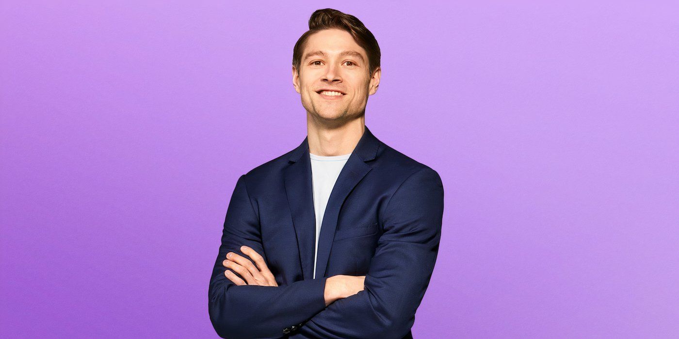 Love is the Blind Season 8 Mason Horacek smiling with his arms crossed against a purple background.