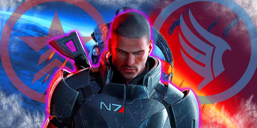 Mass Effect Shepard in front of Paragon and Renegade symbols