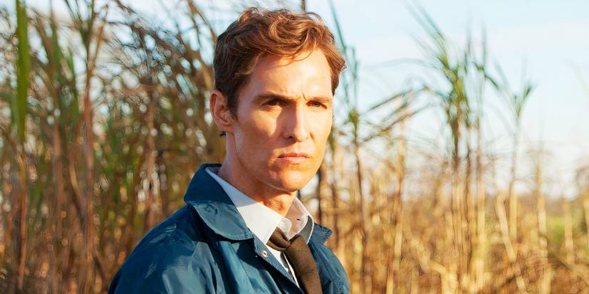 Matthew McConaughey as Rust Cohle in a cornfield in True Detective season 1