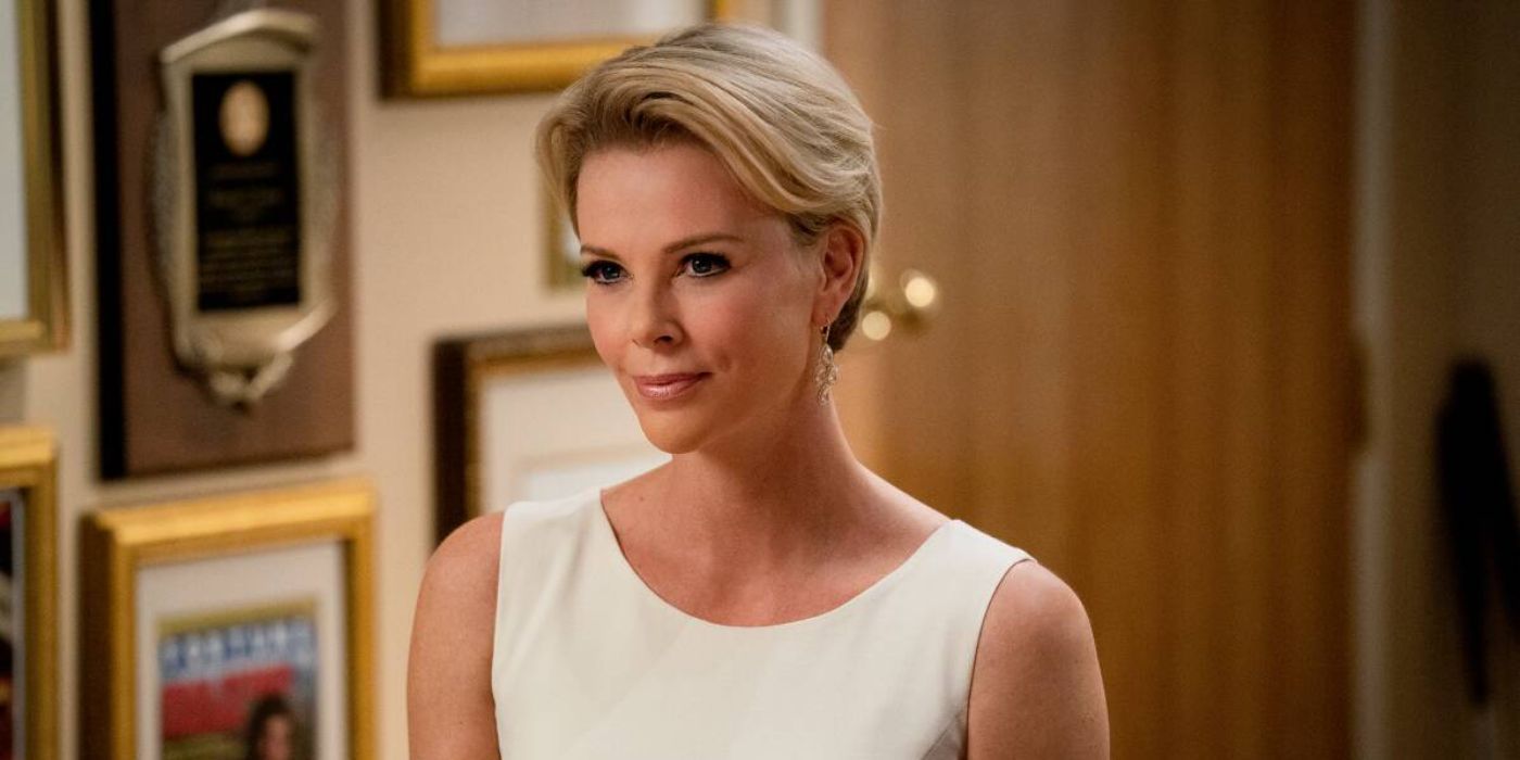 Megyn Kelly (Charlize Theron) smiling slightly in bomb