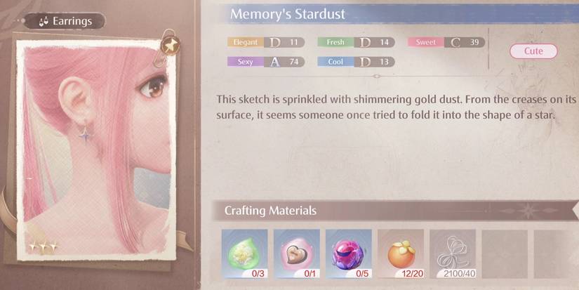 The Memory's Stardust sketch in Infinity Nikki showing the crafting materials needed