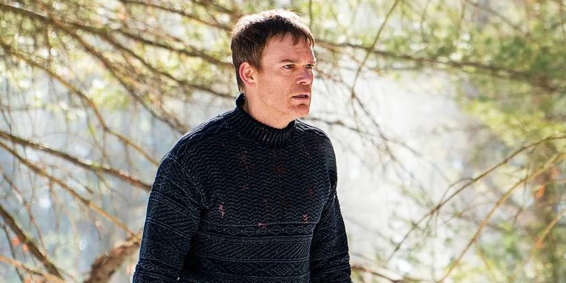 Michael C Hall as Dexter Morgan looking nervous in the woods in the Dexter: New Blood finale