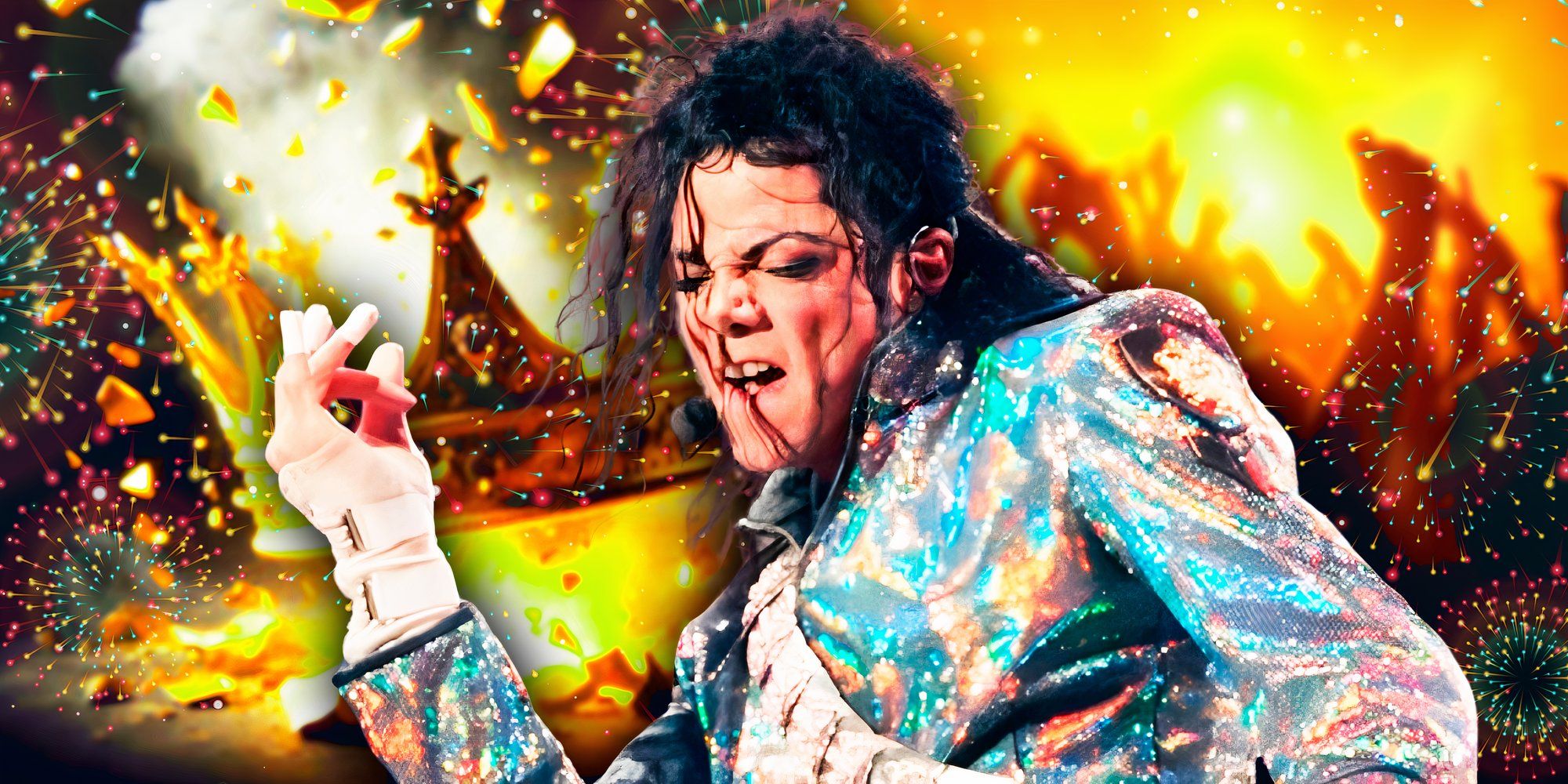 Michael Jackson performs during his Dangerous World Tour, edited with crown imagery and sparks.