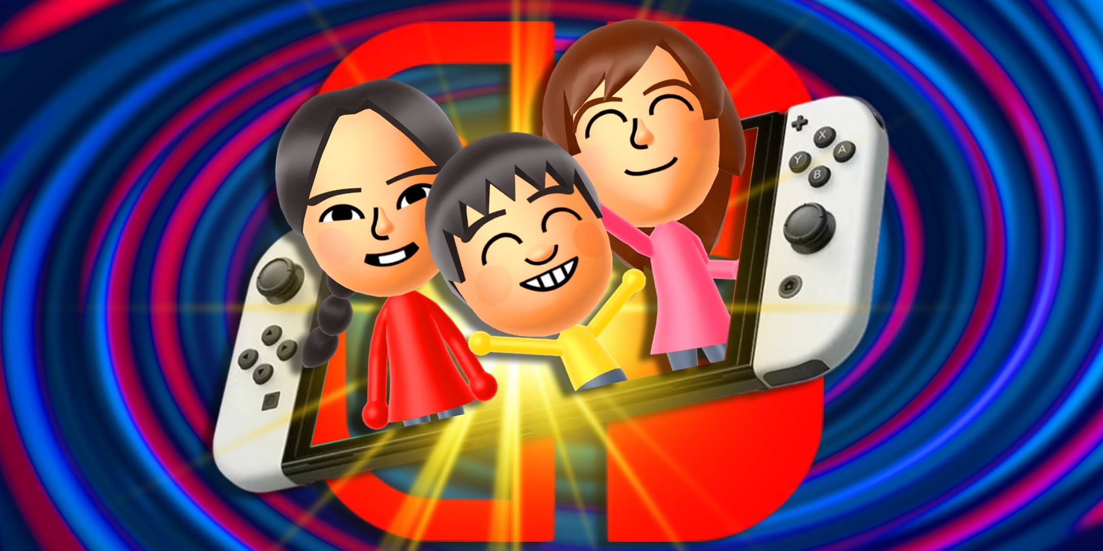 A collection of miis coming out of a Nintendo Switch with the logo behind them.