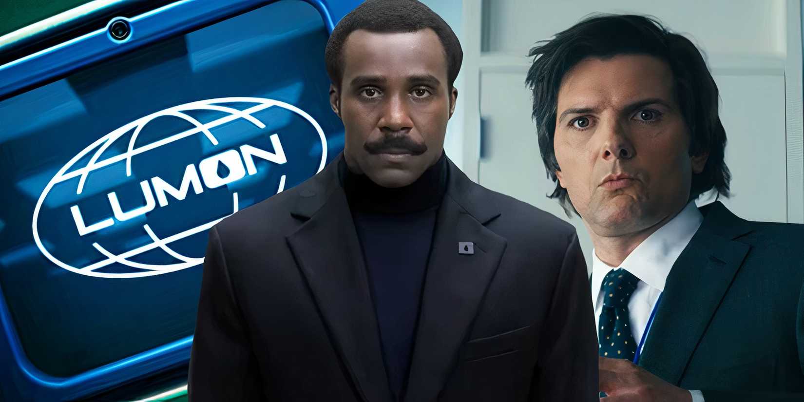 Milchick looking angry between Mark and the logo for Lumon in Severance (2022-)