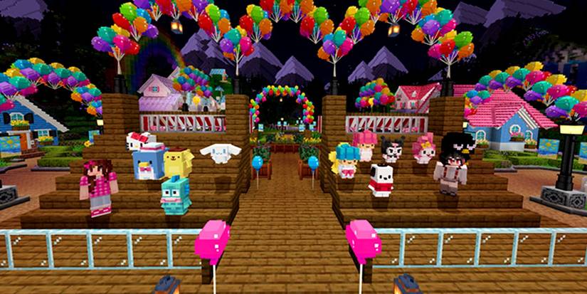 Minecraft Hello Kitty collaboration celebration with many balloons
