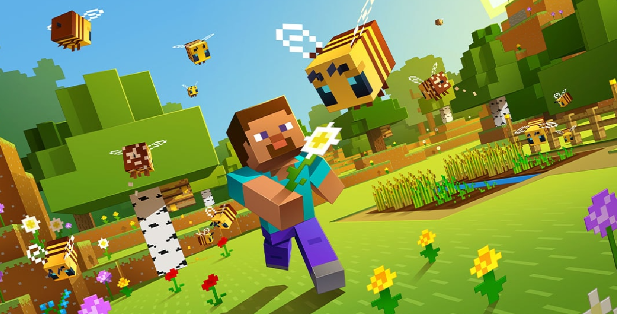 Minecraft steve frolicking in a field of flowers and bees