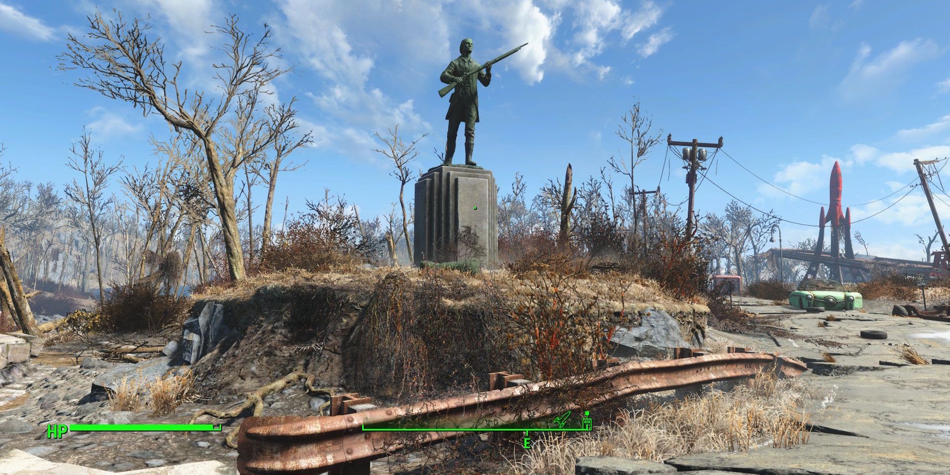 Minutemen monument with Red Rocket in the background in Fallout 4.