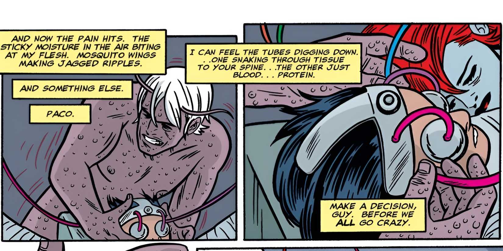Comic book panels: Mister Sensitive saves a young boy using his sensitive powers.