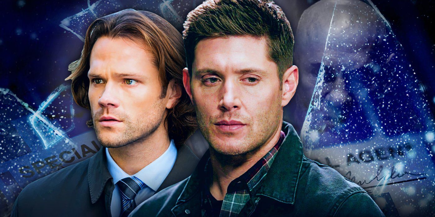 Sam and Dean Winchester in front of a blue fractured background featuring a faded FBI badge and Mitch Pileggi