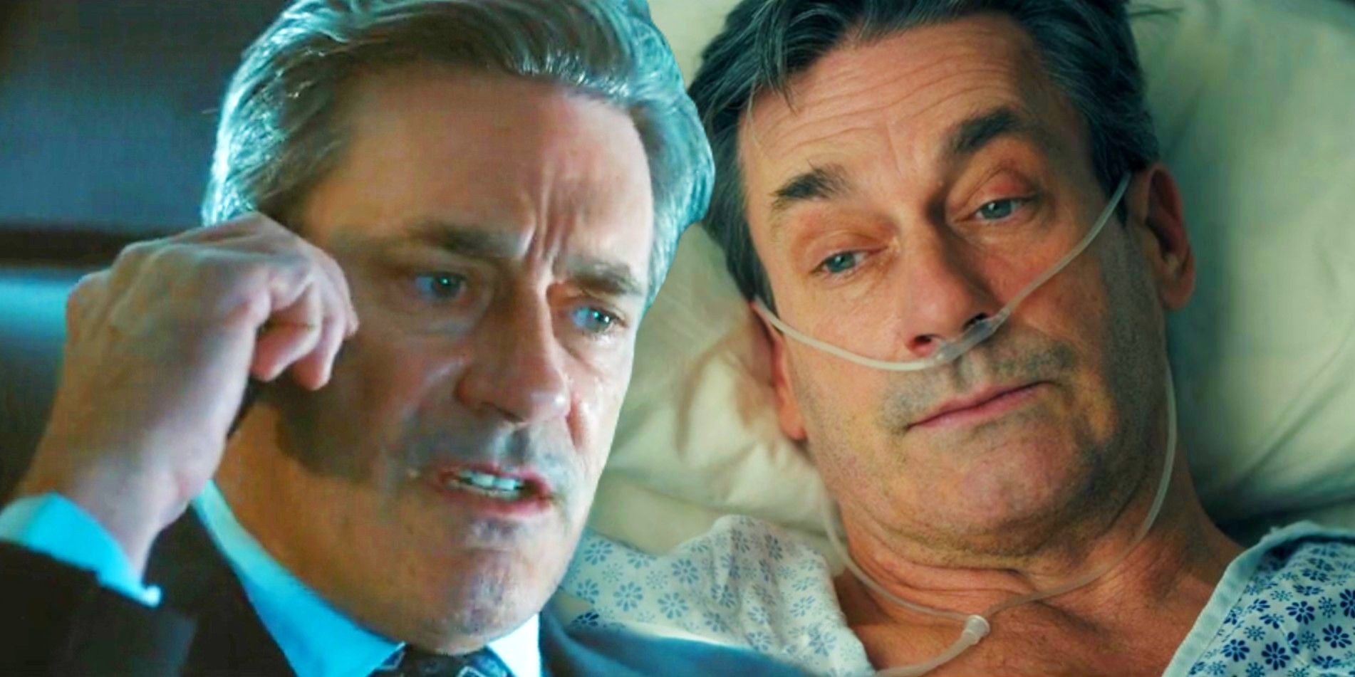 Monty Miller (Jon Hamm) talking on the phone and in a hospital bed in Landman season 1