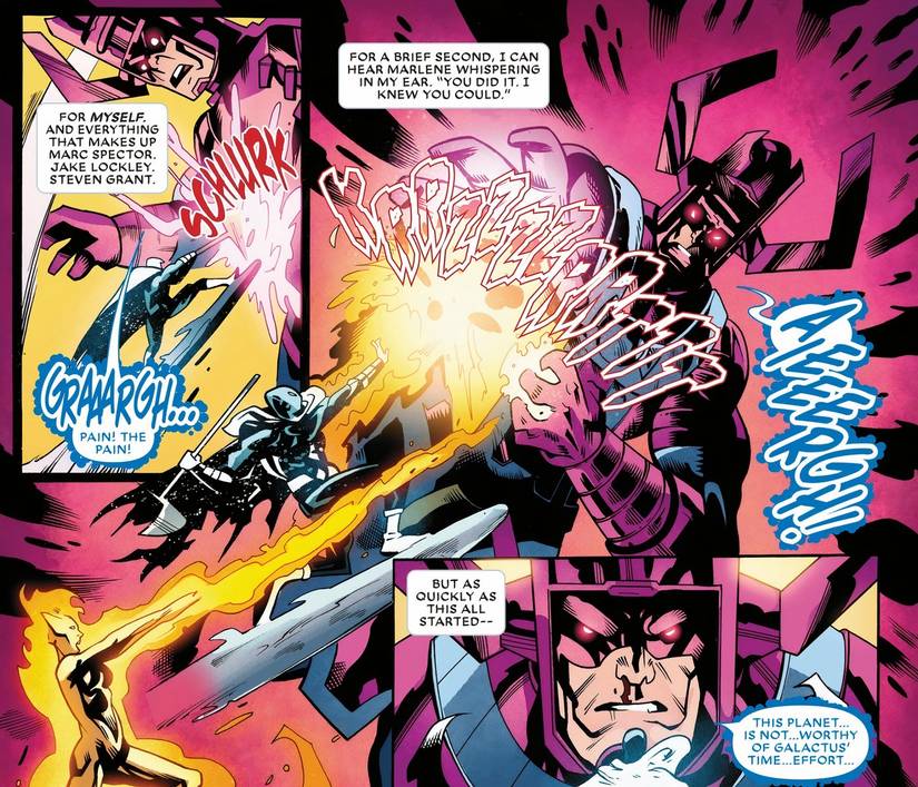 Moon Knight with a Power Cosmic upgrade fighting Galactus, making him bleed.