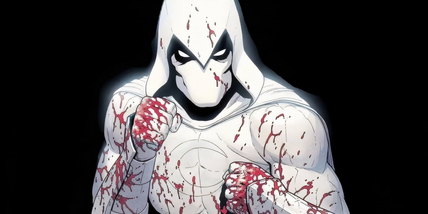 Moon Knight in a fighting stance with blood all over his fists.