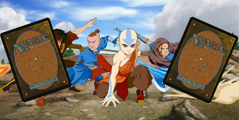 Aang bracketed by Magic The Gathering cards