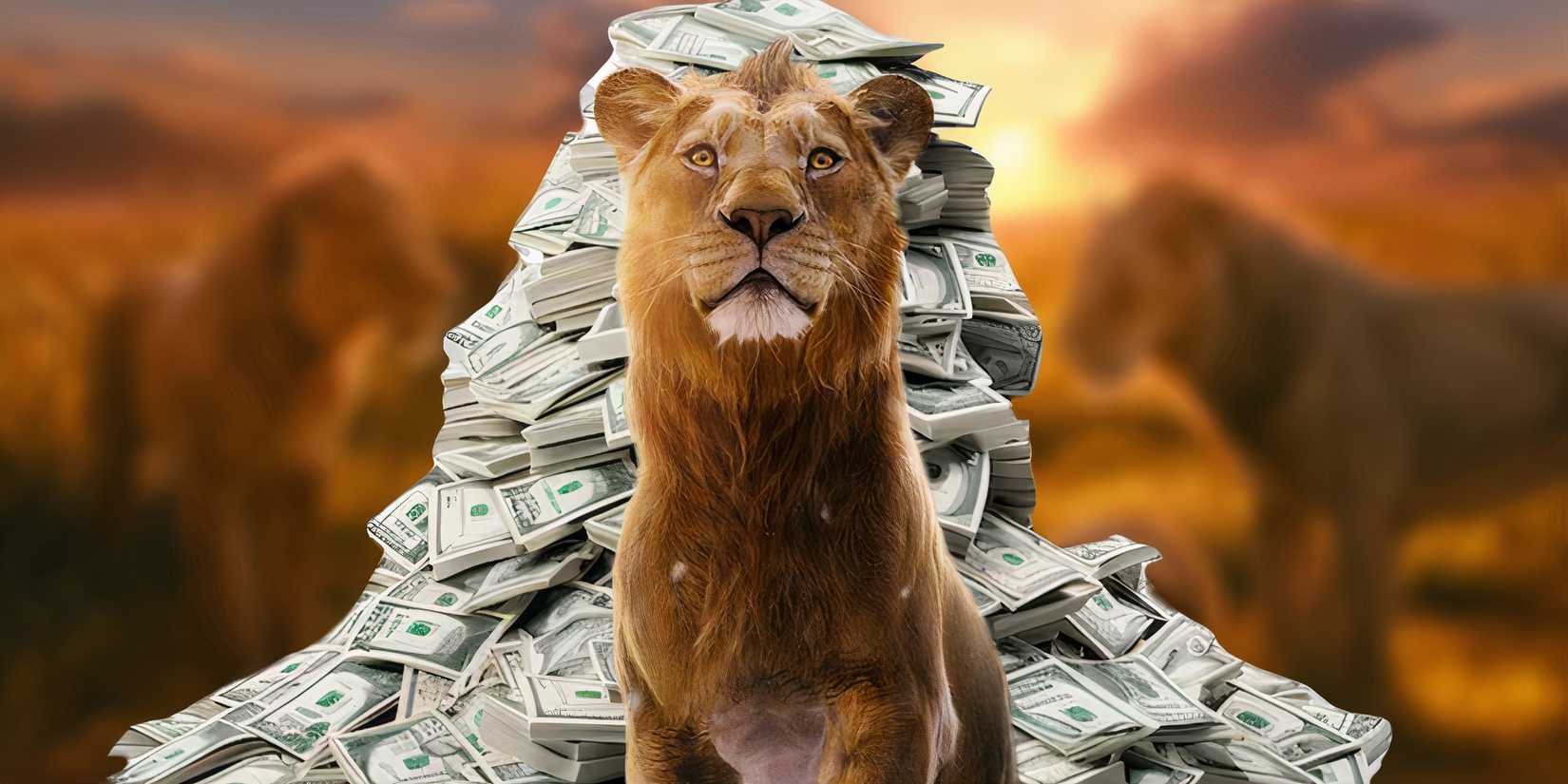 Mufasa from Mufasa: The Lion King (2024) in front of a blurred image from the film and a mountain of cash