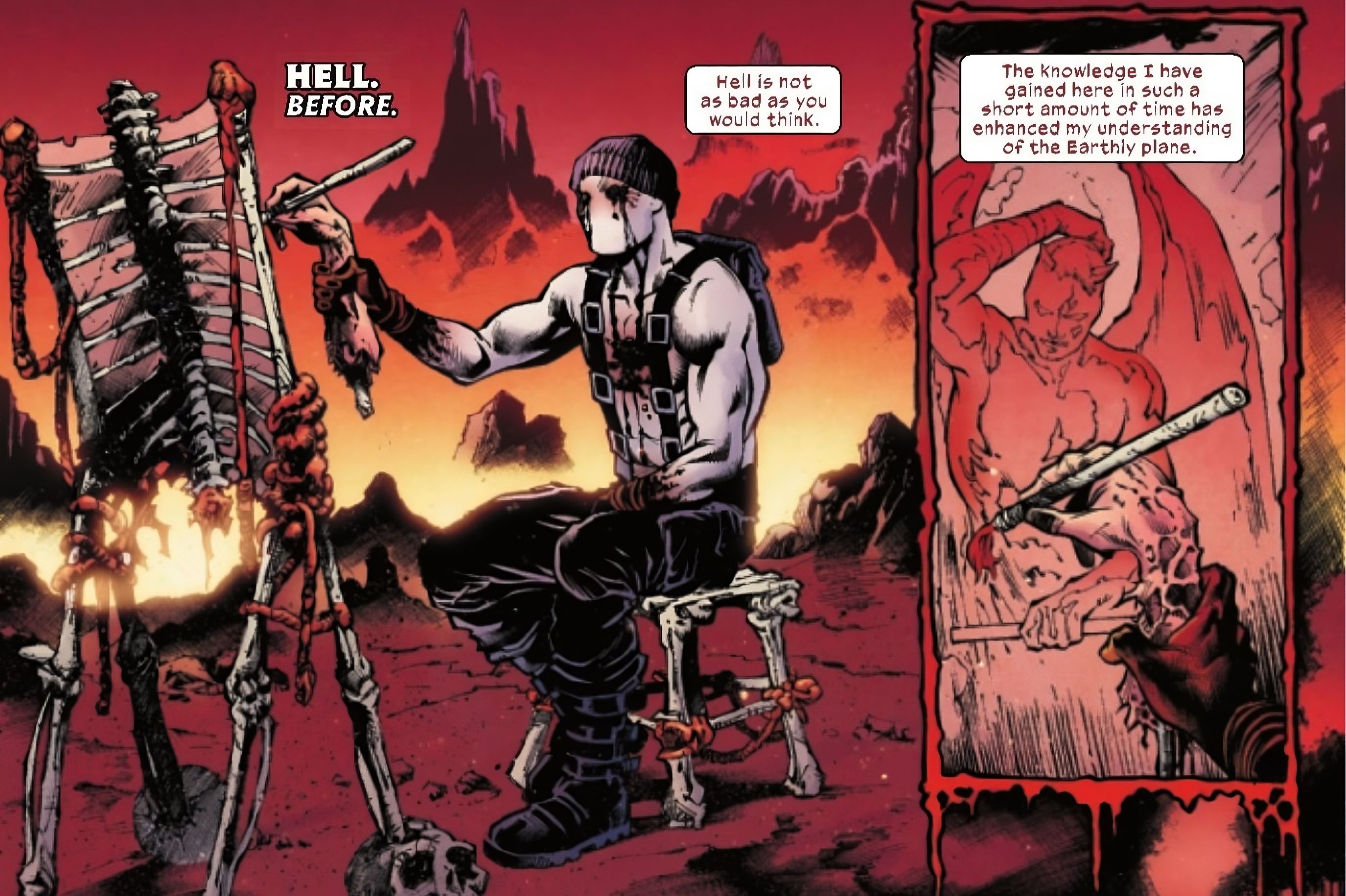 Comic Panels: Muse paints a picture of Daredevil using a severed limb and blood.