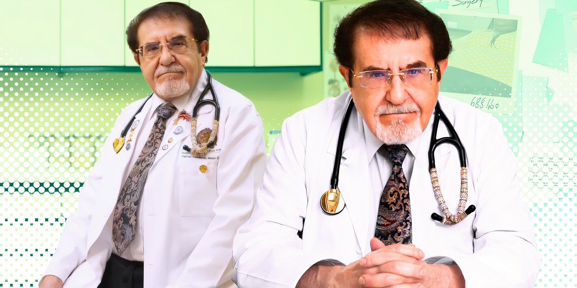 my 600 lb life and The 6000 lb diaries star dr younan nowzaradan aka dr now in two serious poses in lab coats