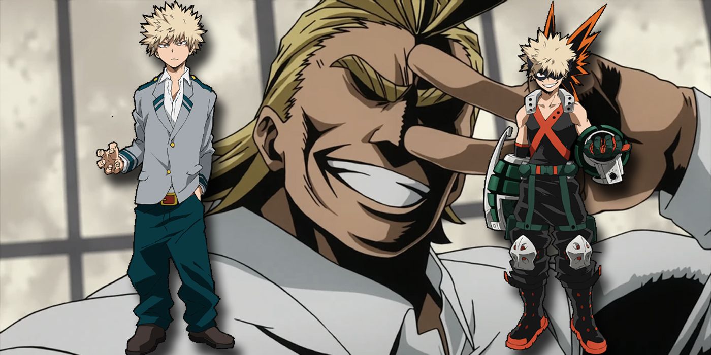 All Might smiling in the background while Two Bakugo stand in front of him.