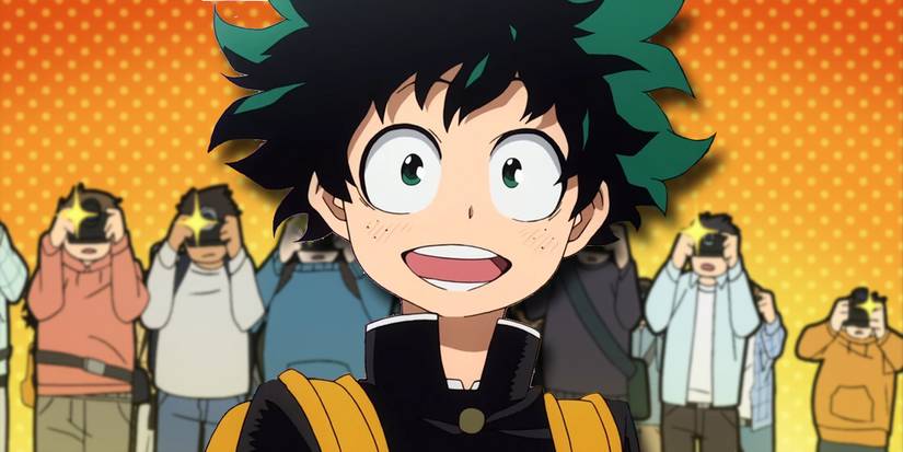 Deku in front of a crowd taking photos.