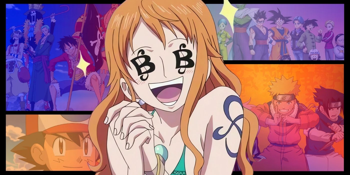 Nami with symbols for money in her eyes. Behind her, images of many popular anime, like Dragon Ball, One Piece, Naruto, and Pokémon, can be seen.