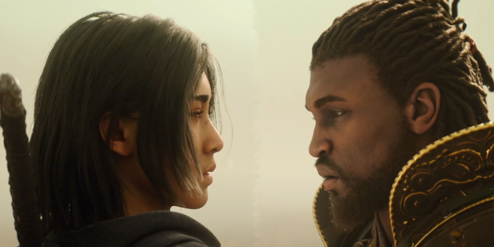 Naoe and Yasuke looking at each other in the trailer for Assassin's Creed Shadows.