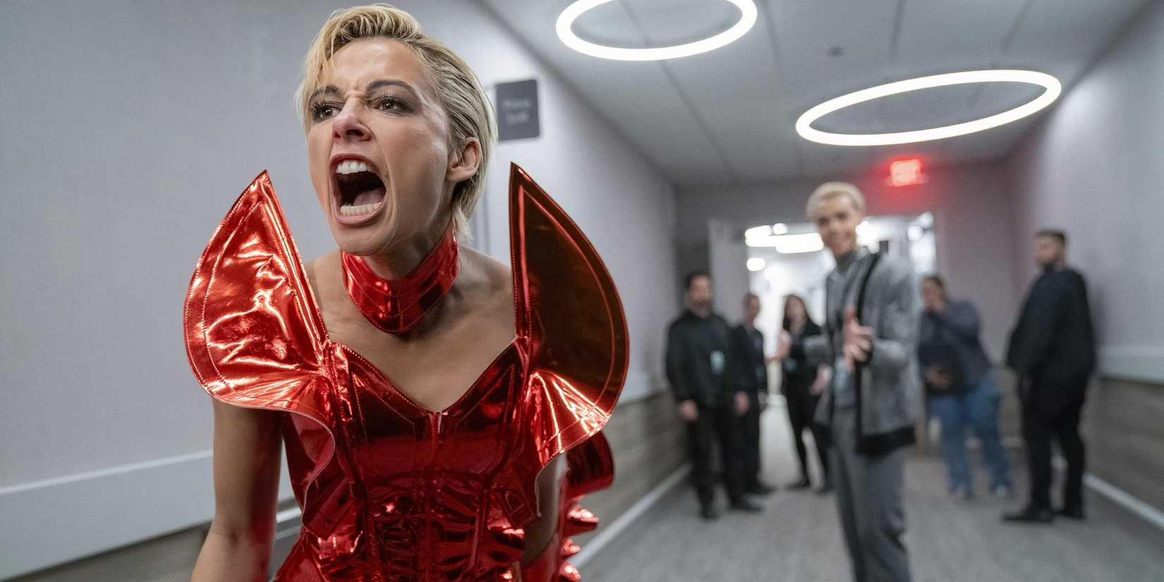 Naomi Scott as Skye Riley wearing the red costume in Smile 2