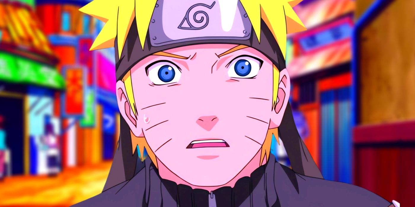 Naruto looking shocked with sweat rolling down his face. Behind him, one of Konoha's streets can be seen. 