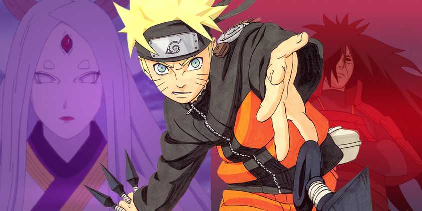 Naruto in a battle pose, throwing a kunai while he holds three more. Behind him, Kaguya and Madara can be seen. 