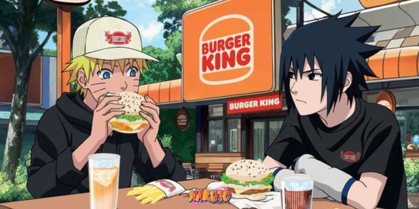 Naruto and Sasuke sharing a meal together in front of a Burger King