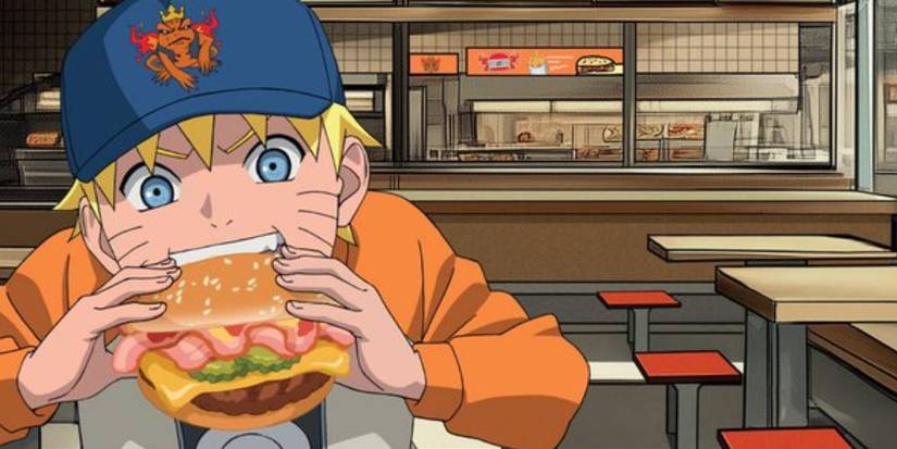 Naruto eating a burger inside of a Burger King