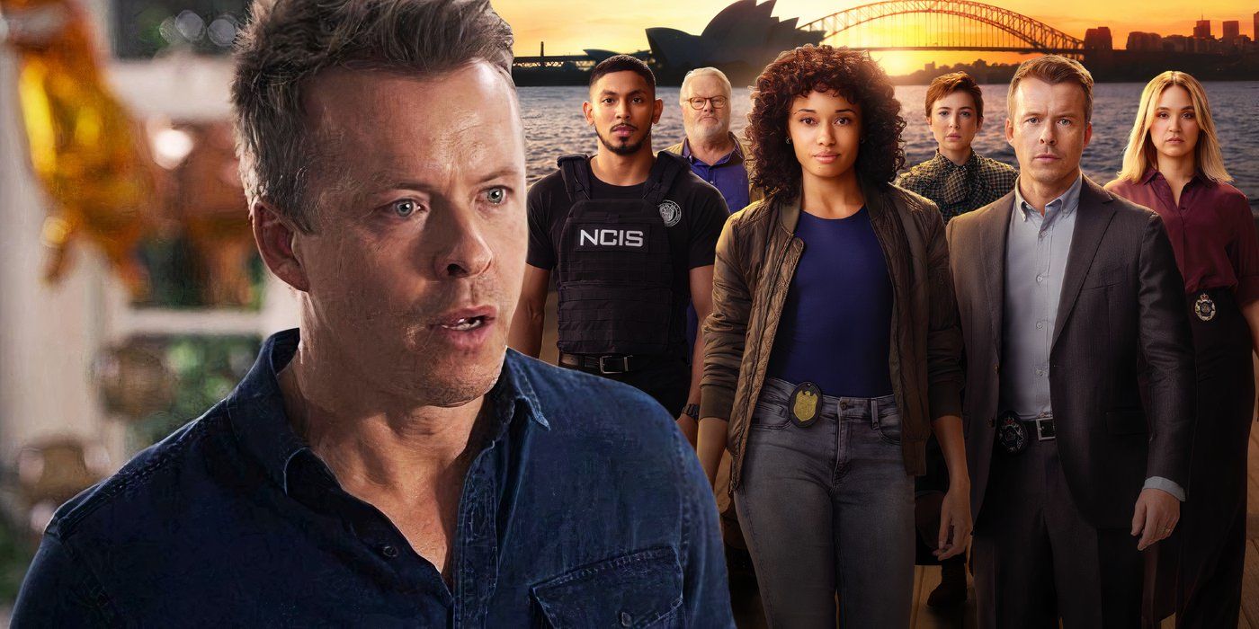 A composite image of Jim looking shocked in front of the cast of NCIS Sydney