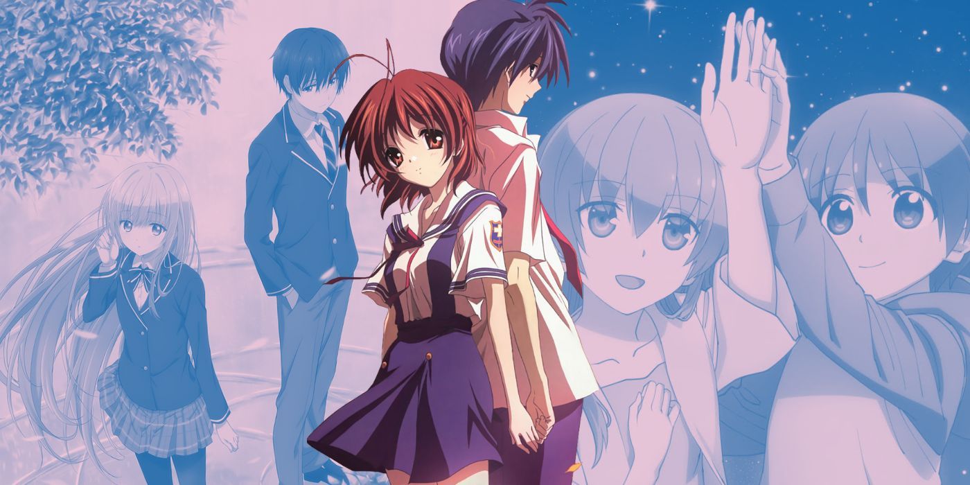 Tomoyo and Nagisa from Clannad in front of The Angel Next Door Spoils Me Rotten visual and TONIKAWA: Over the Moon For You visual
