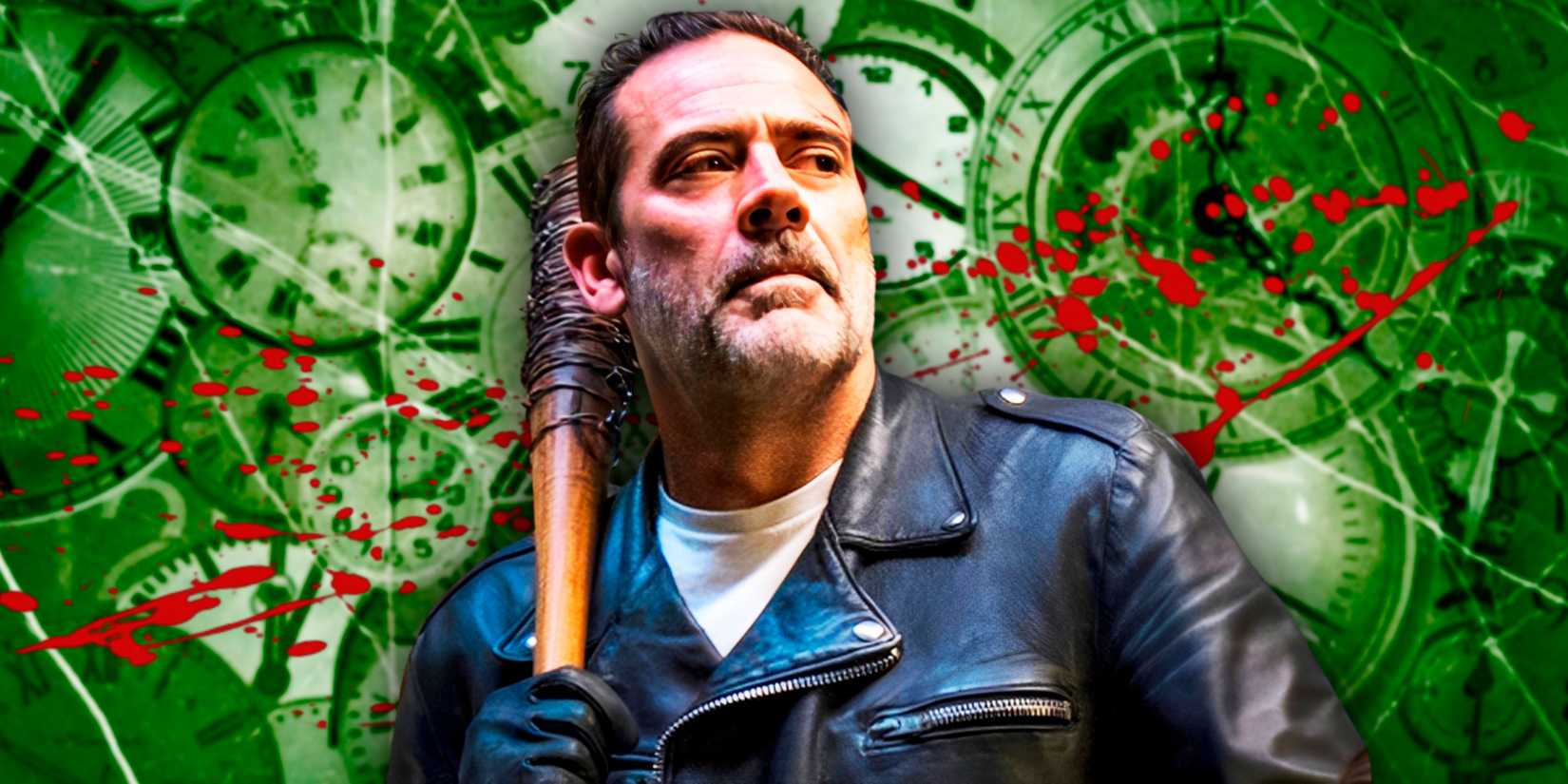 Jeffrey Dean Morgan as Negan looking angry while holding Lucille with clocks behind him in The Walking Dead