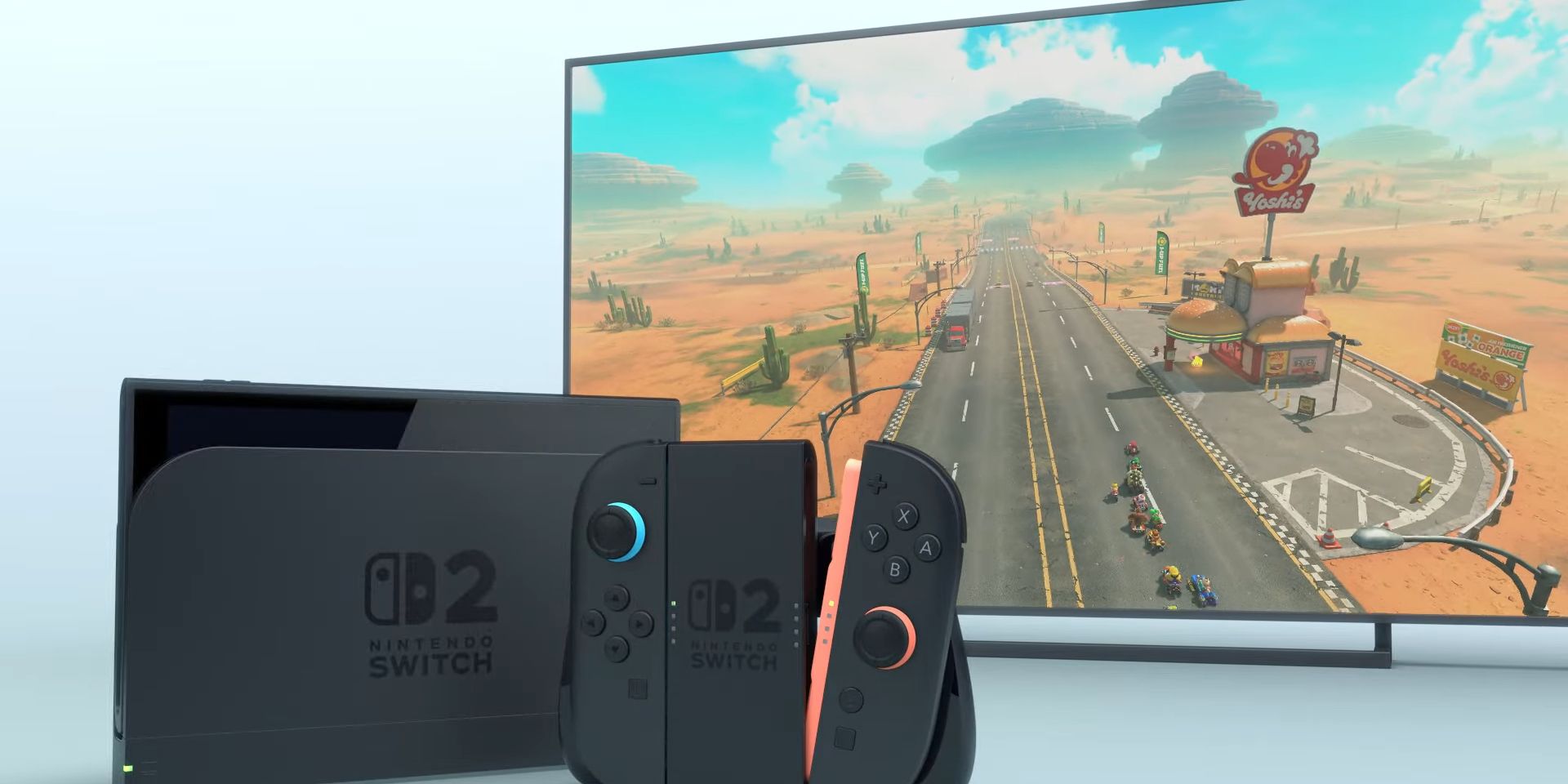 A docked Switch 2 and Joy-Con in front of a TV showing the new Mario Kart.