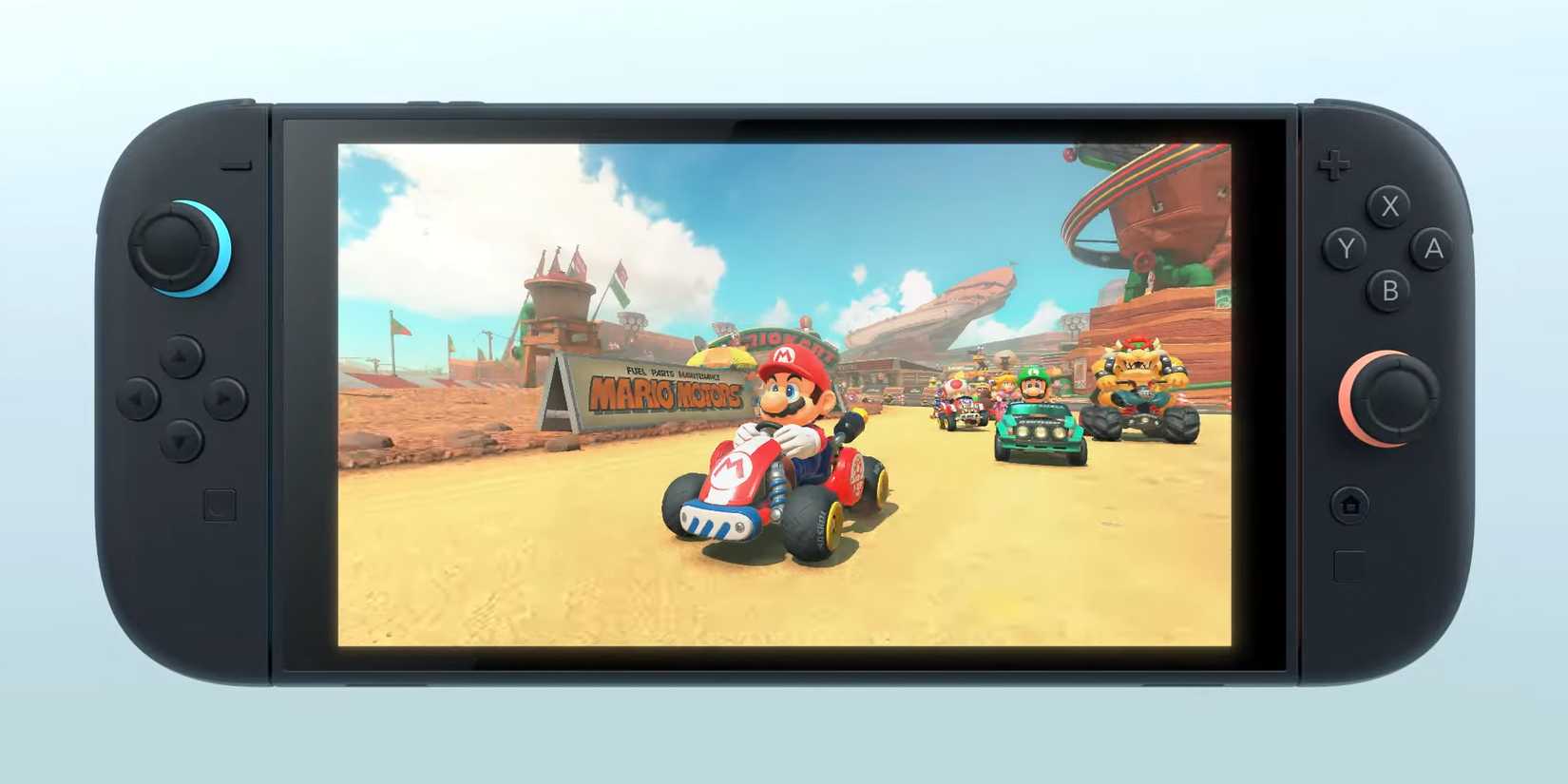 Mario driving his kart on a Switch 2 screen in the new, untitled Mario Kart.