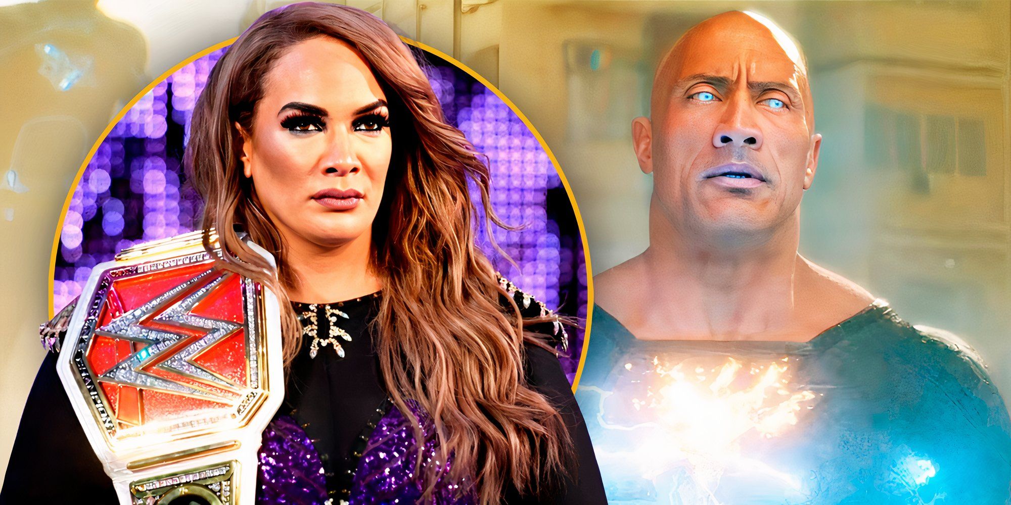 Nia Jax in her wrestling outfit and Dwayne Johnson as Black Adam in a custom image