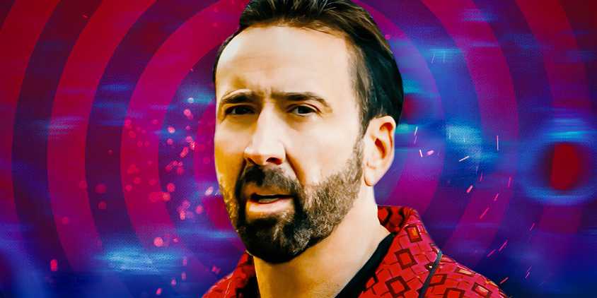 Nicolas Cage against a red and blue background