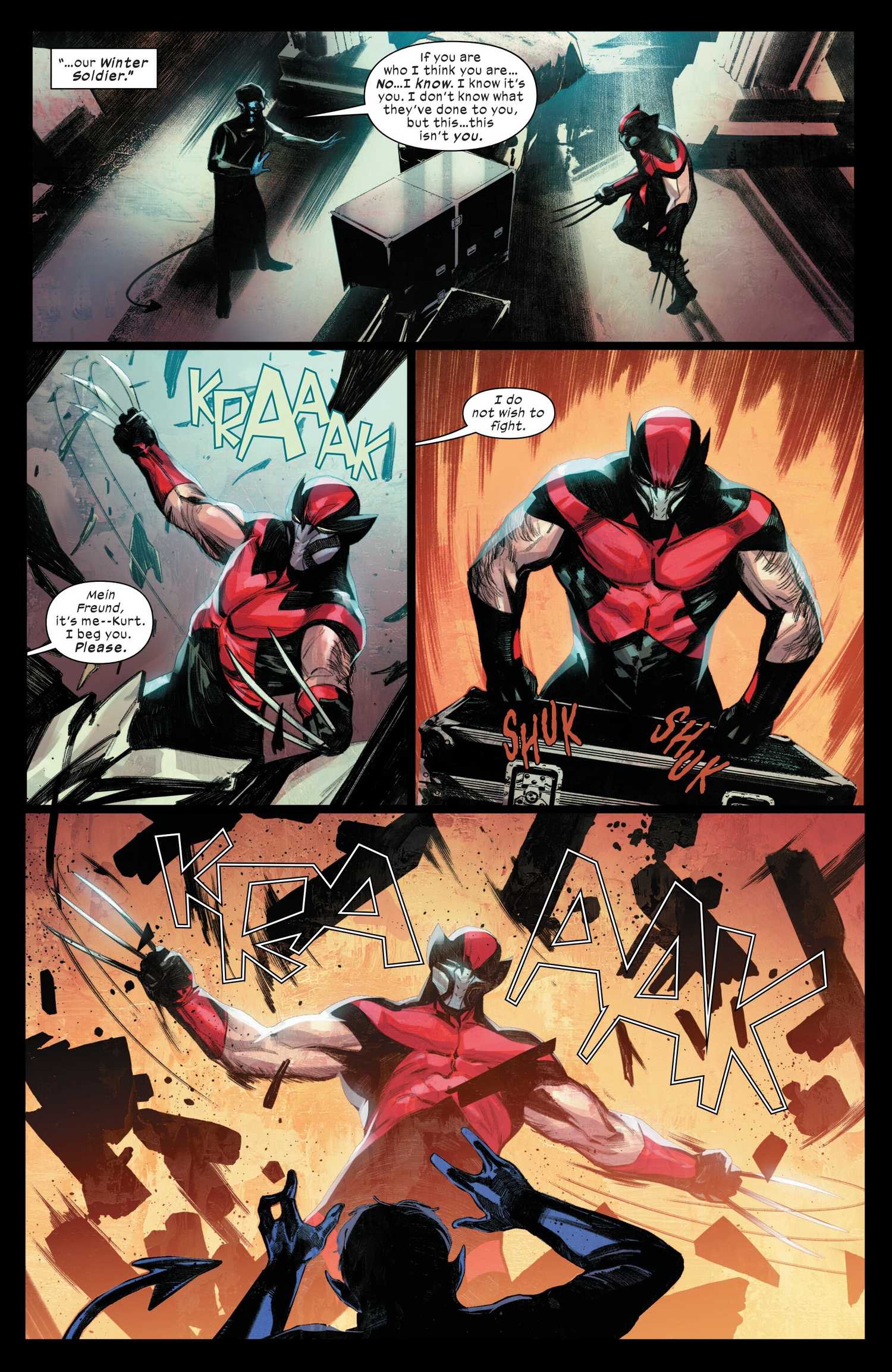 Nightcrawler pleads with a brainwashed Wolverine to not fight him in Ultimate Wolverine #1